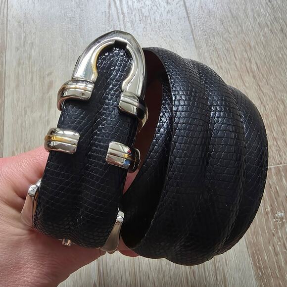 Vintage Mezlan Black Lizard Leather Belt sz 34 Medium Retro Minimalist Classic - Picture 7 of 8